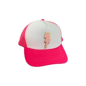 Pink and White Trucker Hat with Gold Lightning Bolt